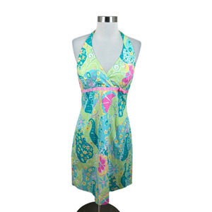 Lilly Pulitzer Vintage Blue Green Peacock Print Halter Dress Size 6 Coastal